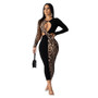 Women Fall Contrast Leopard Cut Out Long Sleeve Sexy Dress