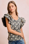 BiBi Floral Jacquard Ruffle Sleeves Knit Top