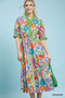 Umgee Mix Floral Midi Dress with Ruffle Trim
