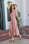 SO ME Stripe Textured Short Sleeves Lined Wrap Midi Dres