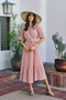 SO ME Stripe Textured Short Sleeves Lined Wrap Midi Dres