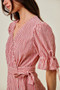 SO ME Stripe Textured Short Sleeves Lined Wrap Midi Dres