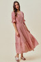 SO ME Stripe Textured Short Sleeves Lined Wrap Midi Dres