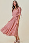 SO ME Stripe Textured Short Sleeves Lined Wrap Midi Dres