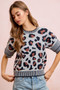 BiBi Two Tone Detail Leopard Knit Double Sleeves Top