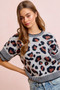BiBi Two Tone Detail Leopard Knit Double Sleeves Top