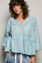 POL Eyelet Embroidery Peplum Button Front Cotton Shirt
