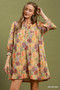 Umgee Mix Floral Print Smocked Cuff Mini Dress