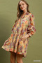 Umgee Mix Floral Print Smocked Cuff Mini Dress