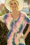 BiBi Tie Dye French Terry V-Neck Romper with A Hole and Side Pocket and A Drawstring