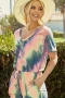 BiBi Tie Dye French Terry V-Neck Romper with A Hole and Side Pocket and A Drawstring