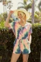BiBi Tie Dye French Terry V-Neck Romper with A Hole and Side Pocket and A Drawstring