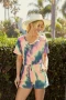 BiBi Tie Dye French Terry V-Neck Romper with A Hole and Side Pocket and A Drawstring