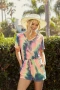 BiBi Tie Dye French Terry V-Neck Romper with A Hole and Side Pocket and A Drawstring