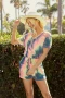 BiBi Tie Dye French Terry V-Neck Romper with A Hole and Side Pocket and A Drawstring