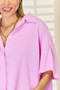 Zenana Texture Button Up Short Sleeve High-Low Shirt