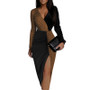 Colorblock Ethnic High Waist Solid Chic Career Midi Dress Long Sleeve Slim Waist Dress