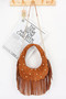 Faux Suede Metal Studded Fringe Hobo Bag