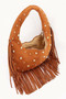Faux Suede Metal Studded Fringe Hobo Bag