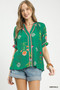 Umgee Botanical Print Contrast Trim Button Blouse