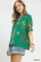 Umgee Botanical Print Contrast Trim Button Blouse