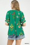 Umgee Botanical Print Contrast Trim Button Blouse