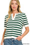 Zenana Split Neck Stripe Short Sleeve Sweater