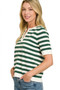 Zenana Split Neck Stripe Short Sleeve Sweater