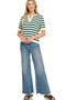 Zenana Split Neck Stripe Short Sleeve Sweater