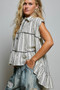 POL Striped Ruffle Collared Sleeveless Cotton Top