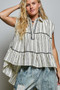POL Striped Ruffle Collared Sleeveless Cotton Top