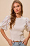 SO ME Floral Cotton Contrast Sleeves Scallop Sweater Top