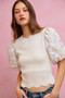 SO ME Floral Cotton Contrast Sleeves Scallop Sweater Top