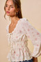 SO ME Floral Clip Dot Lace Trim Ruched Bodice Blouse