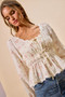 SO ME Floral Clip Dot Lace Trim Ruched Bodice Blouse