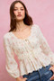 SO ME Floral Clip Dot Lace Trim Ruched Bodice Blouse