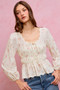 SO ME Floral Clip Dot Lace Trim Ruched Bodice Blouse