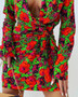 Women's Full Floral Long Sleeve Deep V Lace-Up Dress