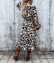 Long Sleeve V-Neck Printed Slit Dress