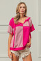 BiBi Color Block Exposed Seam Short Sleeve Hooded Top