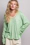 POL V-Neck Contrast Stitch Lightweight Knit Long Sleeve Top