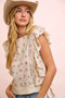 BiBi Flower Printed Ruffle Sleeve Trim Detail Top