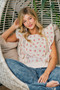 BiBi Flower Printed Ruffle Sleeve Trim Detail Top