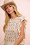 BiBi Flower Printed Ruffle Sleeve Trim Detail Top
