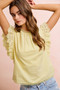 BiBi Cotton Solid Ruffle Sleeve Lace Detail Blouse Top