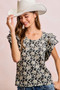 BiBi Floral Jacquard Ruffle Sleeves Knit Top