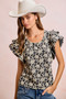 BiBi Floral Jacquard Ruffle Sleeves Knit Top