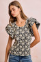 BiBi Floral Jacquard Ruffle Sleeves Knit Top