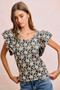 BiBi Floral Jacquard Ruffle Sleeves Knit Top