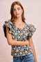 BiBi Floral Jacquard Ruffle Sleeves Knit Top